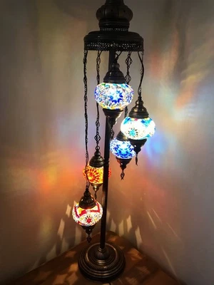 5 Globe Turkish Mosaic Floor Lamp: Bohemian Floor Lamp, Bronze Metal - Image 1 of 4