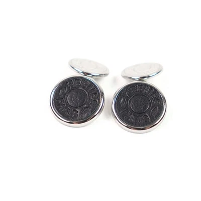 HERMES Serie  Logo Engraved Leather Round Shape Cufflinks Stainless Steel Leathe - Image 1 of 4