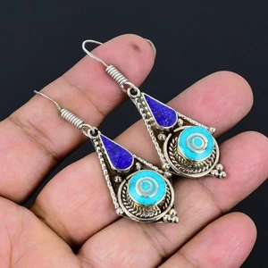 Turquoise Lapis Lazuli Gemstone 925 Sterling Silver Tibetan Earring 2.3" VJ 5242 - Picture 1 of 5