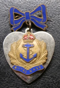 Sweetheart Brooch Royal Navy WW2 Heart-shaped Dangler on Blue Enamel Bow - Picture 1 of 4