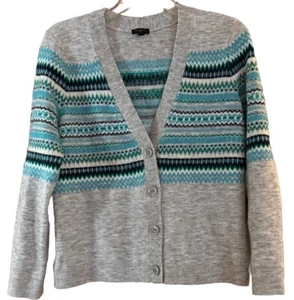 Cárdigan Talbots Fair Isle para mujer talla mediana pequeño gris azul con botones - Imagen 1 de 8