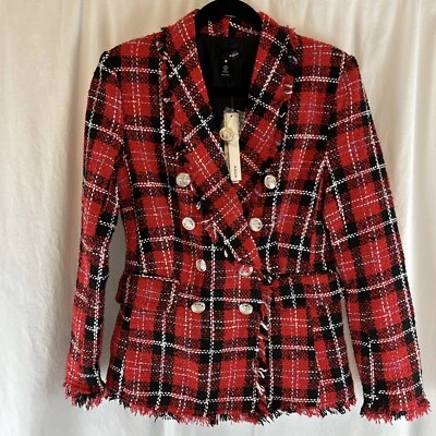 Blazer a Cuadros Rojo Negro AQUA Precio de Venta sugerido por el fabricante $98 Botón Dorado Flecos Bordes Talla Pequeña Nuevo con Etiquetas Foto 1 de 4