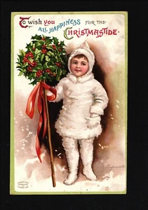 Girl with Holly Wreath - Christmastide Embossed Garre Postcard 1909 ~ Free Ship - Picture 1 of 2