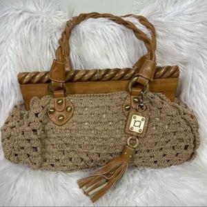NEW Rafe New York Tan Woven Crochet Braided Tassel Wooden Closure Shoulder Bag - Picture 1 of 10