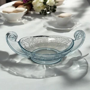 Vintage Azure Blue Fostoria Versailles Etched Glass Double Handled Console Bowl - Picture 1 of 10