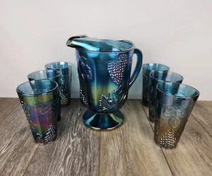 Blue Carnival Glass Harvest Grape Iridescent Pitcher & Tumbler Set 7-Piece Vtg - Picture 1 of 8