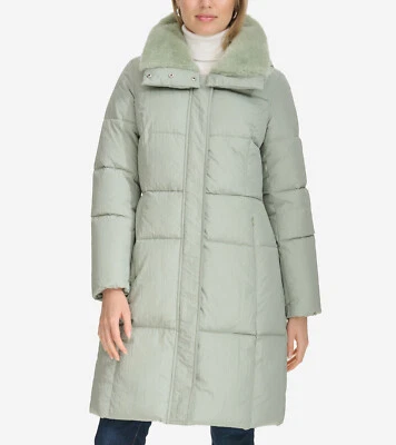$298 COLE HAAN Abrigo acolchado con cuello de piel sintética para mujer, salvia, XL Foto 1 de 2