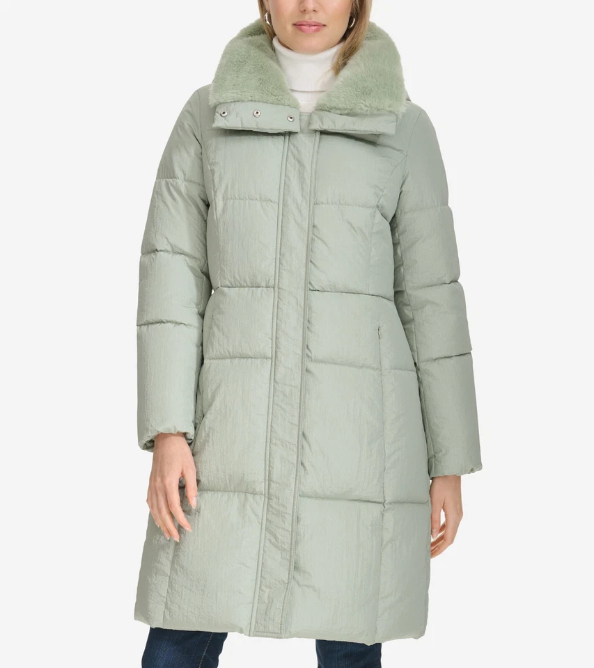 $298 COLE HAAN Abrigo acolchado con cuello de piel sintética para mujer, salvia, XL Foto 1 de 3