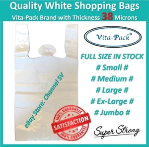 New White 38 Microns Reusable Plastic Shopping Singlet Bags Size: S M L XL JUMBO - Picture 1 of 6