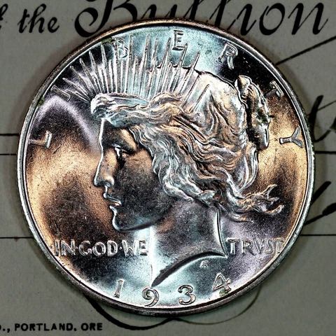 * 1934-D * CHOICE to GEM BU MS PEACE SILVER DOLLAR * FROM ORIGINAL BANK BAG * Cover