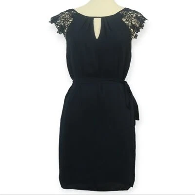 Forever 21 Navy Blue Chiffon Keyhole Crochet Cap Sleeve Dress S - Image 1 of 4