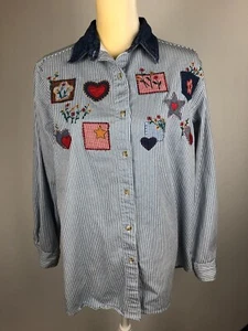Quizz Again Women’s Shirt Sz M Flowers/Stars/Hearts Emboidered Long Sleeve (2) - Picture 1 of 6