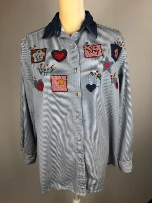 Camisa para mujer Quizz Again talla M flores/estrellas/corazones bordada manga larga (2) Foto 1 de 4