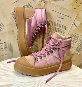 Anthropologie Maeve Hiker Boot Pink Satin Tan Suede Rubber Lace Up 40/ 9-9.5 NEW - Picture 1 of 10