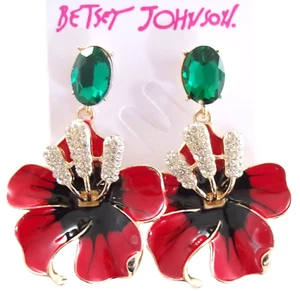 ORECCHINI PENDENTI GOCCIA STRASS CRISTALLO FIORE DI IBISCO ROSSO 2,25" BETSEY JOHNSON - Foto 1 di 15