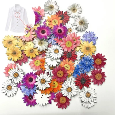 50pcs/bag Buttons Mixed Flower Carved Wooden Sewing Buttons Round Style 2 Holes - Image 1 of 4