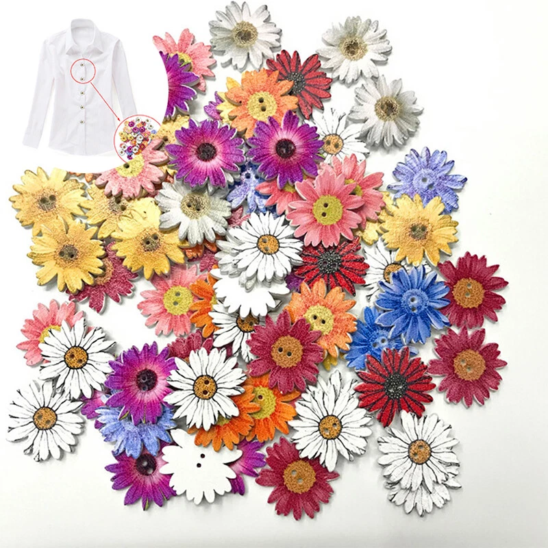 50pcs/bag Buttons Mixed Flower Carved Wooden Sewing Buttons Round Style 2 Holes - Image 1 of 4