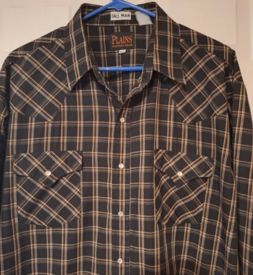 Plains Western Wear Tall Man Shirt Mens XLT Black Plaid Long Sleeve Pearl Snap - Image 1 of 4