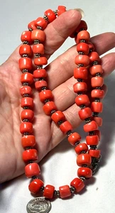VINTAGE 1980'S BALI STERLING SILVER CHUNKY ROUND CORAL BEADS NECKLACE-FREE SHIP - Picture 1 of 4