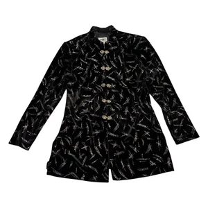 Vintage JBS LTD Velvet Jacket Overcoat Mandarin Metal Leaf Closure Glitter Sz L - Picture 1 of 13