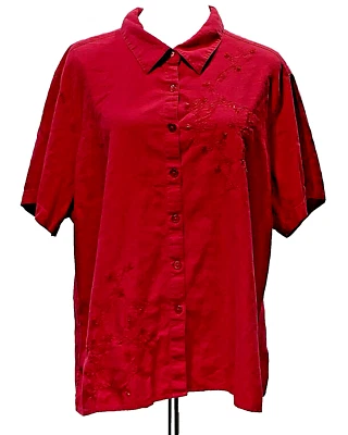 Sag Harbor Blouse Women's 22W Red Embroidered Beaded Button Up Short Sleeve Top - Image 1 of 4