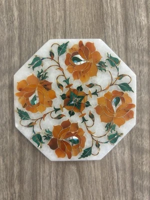 Vintage Pietra Dura Art White Marble Tile Plaque Wit Inlaid Floral Mosaic Design - Image 1 of 4