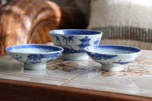 Antike chinesische Export blau weiß Canton Soßenschalen 19. Jahrhundert - Bild 1 von 11