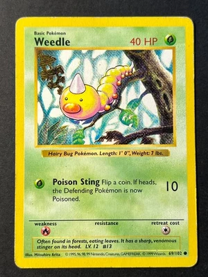 Weedle 69/102 Shadowless Base Set - Common Pokemon Card - WOTC E LP - - Image 1 of 2