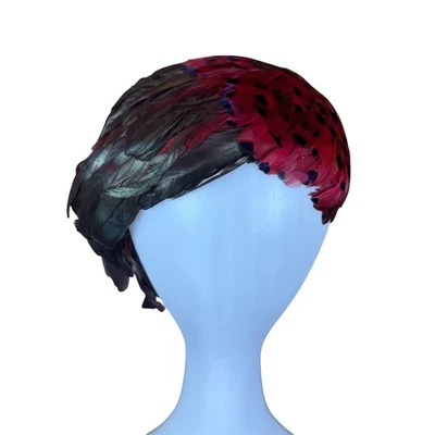Feathered Womens Red Fascinator Hat With Iridescent Green Accents Elegant Vintag - Image 1 of 4