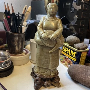 Jabonera china Celadon verde años 50 Tíbet tradicional mujer 8,5" qingtian 青田石 - Imagen 1 de 7