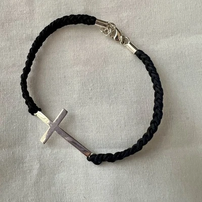 JCM BRASS THAILAND Silver Plated Cross Bracelet Black Cord Size 6.5”/7.5” - Image 1 of 4