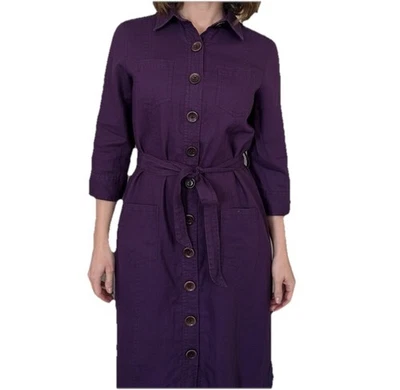 BODEN Purple 100% Linen Button Up Shirt Midi Dress Tie Belt Pockets Sz 10 R - Image 1 of 4