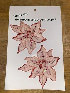 Iron on Patch Applique embroidered pink flower set 2 4” x 4” - Picture 1 of 2