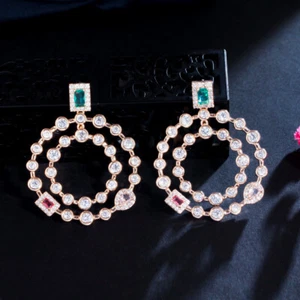 Chic 585 Gold Double Round CZ Lady Setting Square Endless Long Dangling Earrings - Bild 1 von 13