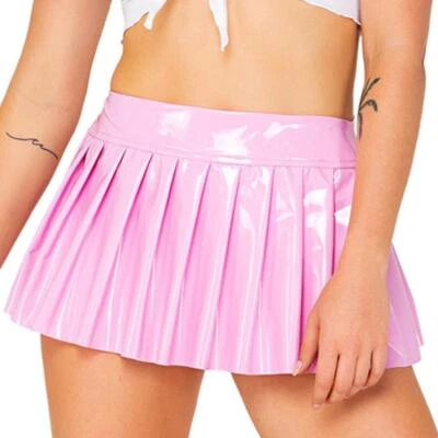 Minifalda plisada de vinilo cierre de cremallera disfraz de niña escolar rosa rave 5136 Foto 1 de 4