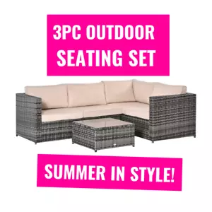 Garden Furniture 3Pcs Rattan Dining Sofa Set Table Outdoor w/ Cushion Armchairs - Picture 1 of 12