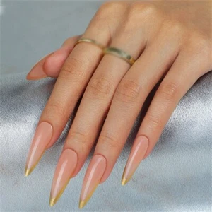 Long Stiletto Press-On False Nail Shiny Gold French Minimalist Manicure 24pcs - Imagen 1 de 3