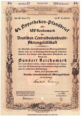 Segunda Guerra Mundial Alemania 1941 / Acciones y bonos ☀ 100 Reichsmark 4% Bono XF Foto 1 de 2