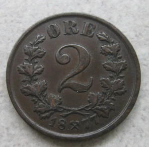 1877 Kingdom of Norway,  2 Ore coin.  Dark, Chocolate Brown; High Grade - Picture 1 of 2