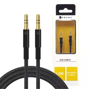 1M AUX CABLE BRAIDED CORD 3.5MM HEADPHONE JACK AUDIO BLACK/GOLD PLATED BY URBANZ - Picture 1 of 12