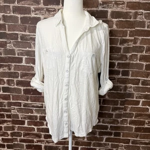 Womens Attention Long Sleeve White Button Up Blouse 3/4 Roll Up Sleeve Large - Picture 1 of 11