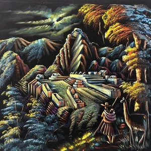 Hand Painted Inflamed Velvet Peru Machu Picchu Painting 29.5x29” - Picture 1 of 9