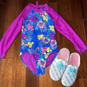 Girls Floral Bathing Suit 7/8 With Resort Purchased Water Shoes 2/3 Exc Conditio - Picture 1 of 10