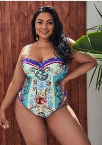 Shein 1 Pc Push Up Swimsuit Plus 1X Scroll Print Multicolor Lined Adj Straps New - Picture 1 of 12