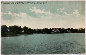 Antique postcard: Residences along west bank of Rock River, Rockford, IL, posted