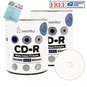 200 Smartbuy Inyección de Tinta Blanca Impresable 52X CD-R 700 MB Disco + Paño de Microfibra GRATUITO - Imagen 1 de 5