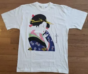 Vintage 90s Single Stitch Made in Japan Geisha Souvenir White T-Shirt Mens Large - Foto 1 di 11