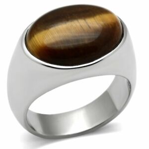 Mens tiger eye ring silver brown signet pinky stainless steel classy smart 378