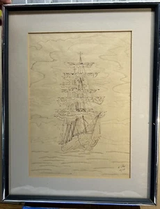 Goletta da disegno originale vintage nave vela alto mare firmata datata - Foto 1 di 11