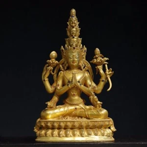 11" Antique Tibet Tibetan Buddhism Temple Bronze gilt gem inlay Buddha Statue - Picture 1 of 9